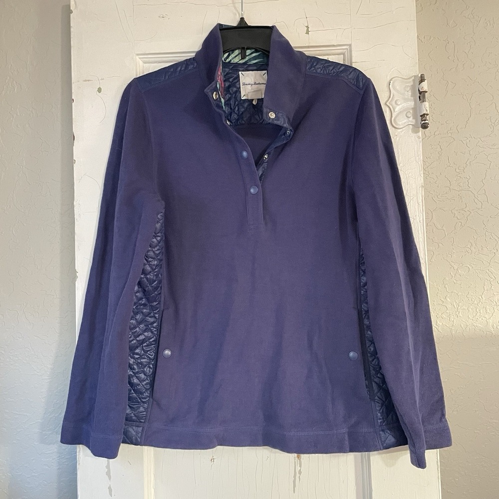 Tommy Bahama Womens Blue Quilted Panel Snap Neck Pullover Sweatshirt Large